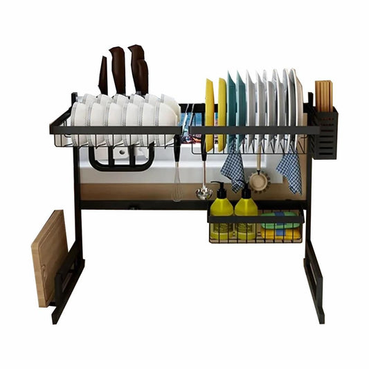 Escurridor de loza sobre fregadero de 65 cm, ideal para organizar platos, vasos, cubiertos, cuchillos, tablas y utensilios. Diseño multifuncional que ahorra espacio en la cocina.