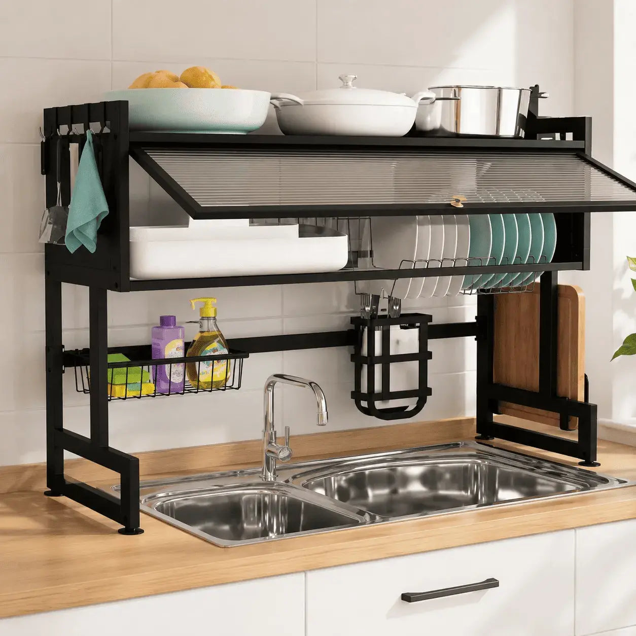 Escurridor de loza con tapa de 65 cm para cocina, ideal para organizar platos sobre el fregadero y mantener la encimera limpia y ordenada.