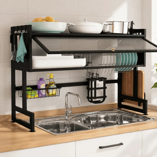 Escurridor de loza con tapa de 65 cm para cocina, ideal para organizar platos sobre el fregadero y mantener la encimera limpia y ordenada.