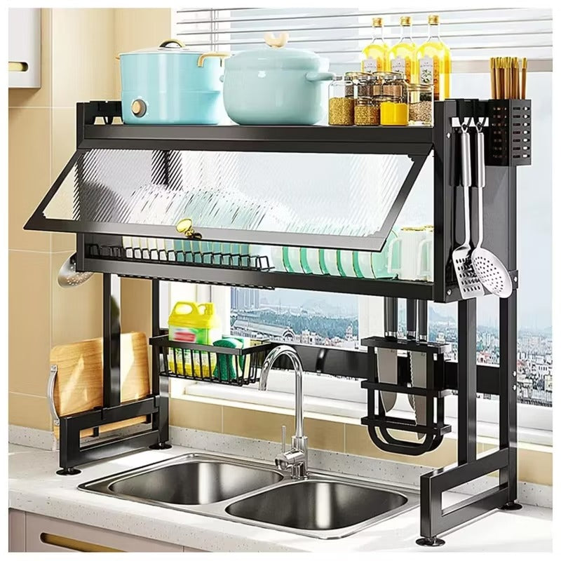 Escurridor de Platos con Tapa 65 cm en acero antioxidante, organizador de loza para cocina con diseño sobre fregadero, ventosas antideslizantes y gran capacidad.