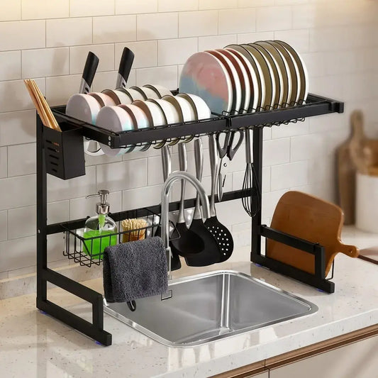 Escurridor de platos 2 niveles con bandeja de goteo desmontable, portacubiertos y soporte para tazas. Ideal para organizar la cocina y ahorrar espacio.