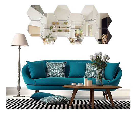 Set de 12 espejos decorativos hexagonales acrílicos adhesivos. Fáciles de instalar sin taladro, ideales para decorar hogar u oficina.