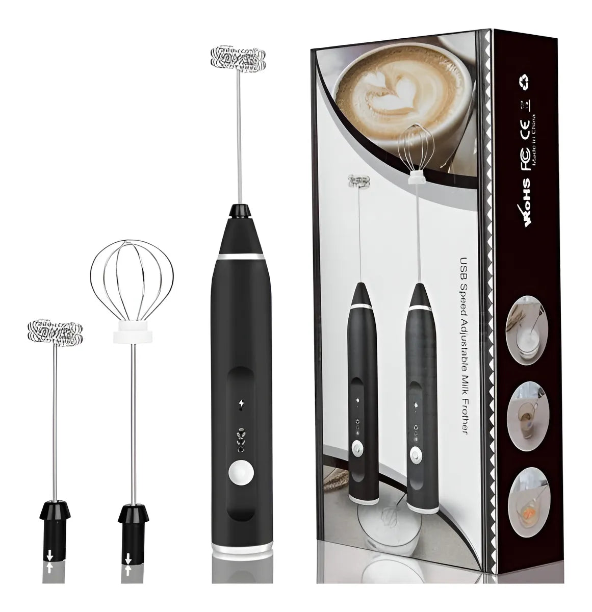Espumador eléctrico recargable de 3 velocidades con 2 cabezales en acero inoxidable, ideal para café, latte, capuchino, matcha, huevos y batidos.