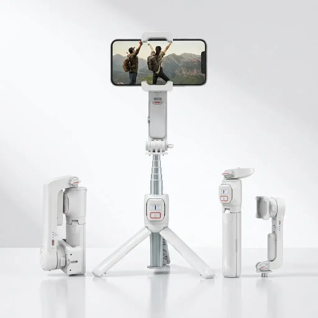Estabilizador A10 gimbal para celular con trípode integrado. Ideal para grabaciones estables, videos y transmisiones en vivo. Diseño portátil y plegable.