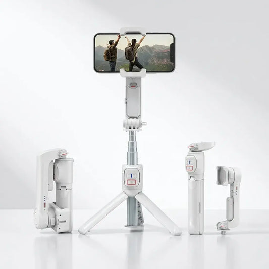 Estabilizador A10 gimbal para celular con trípode integrado. Ideal para grabaciones estables, videos y transmisiones en vivo. Diseño portátil y plegable.