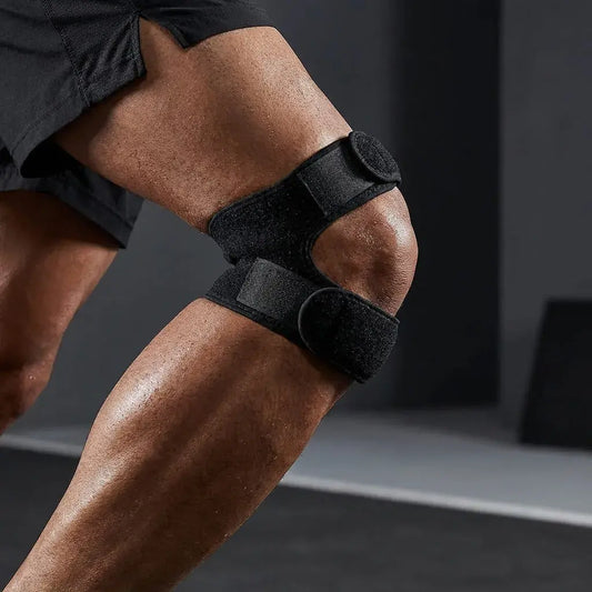Estabilizador de rodilla con doble banda ajustable y soporte rotuliano. Ideal para deportes y uso diario con ajuste cómodo y seguro.