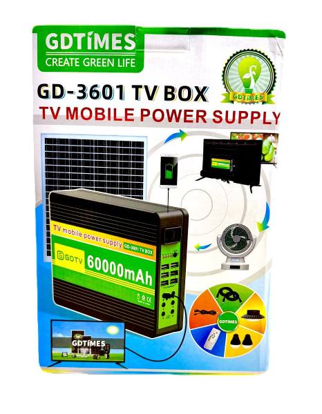 Estación de energía solar portátil GD-3601 TV Box 60000mAh para respaldo en apagones. Ideal para alimentar dispositivos básicos en emergencias.