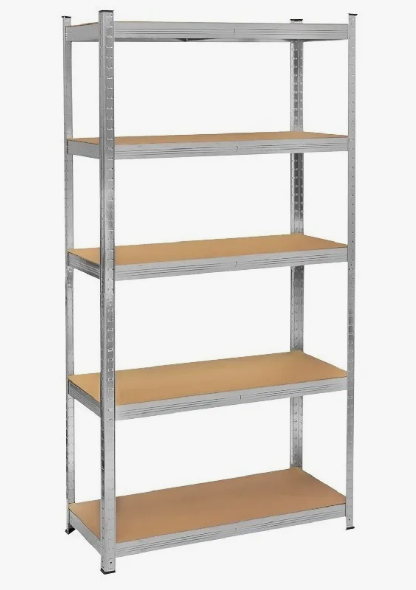 Estante rack metálico gris de 5 niveles, resistente hasta 175 kg, ajustable y fácil de armar. Ideal para hogar, oficina, garaje, bodega o negocio.