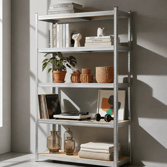 Estante rack metálico gris de 5 niveles, resistente hasta 175 kg, ajustable y fácil de armar. Ideal para hogar, oficina, garaje, bodega o negocio.