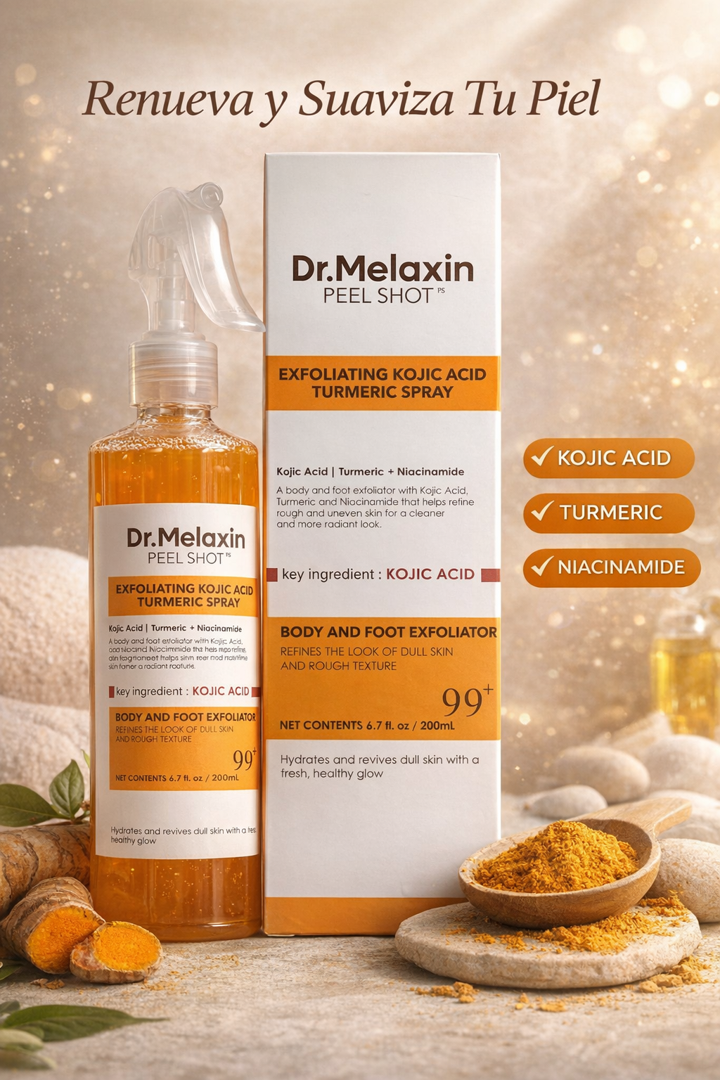 Exfoliante corporal con ácido kójico y cúrcuma que ayuda a mejorar la textura, suavidad y luminosidad de la piel, dejando un tono más uniforme y renovado.