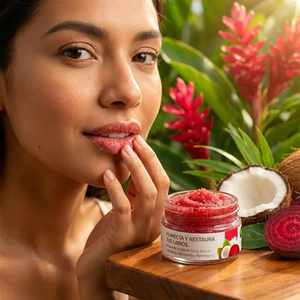 Exfoliante de labios con azúcar orgánica y aceite de coco. Ayuda a eliminar células muertas, hidratar profundamente y mejorar la textura natural de los labios. Ideal para uso regular.