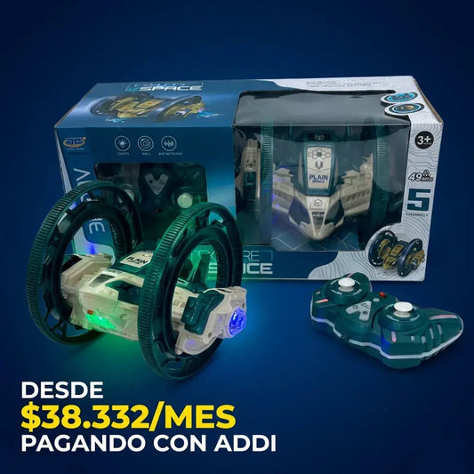 Juguete de control remoto con diseño espacial, luces y movimiento. Ideal para estimular la imaginación y el juego activo en niños.