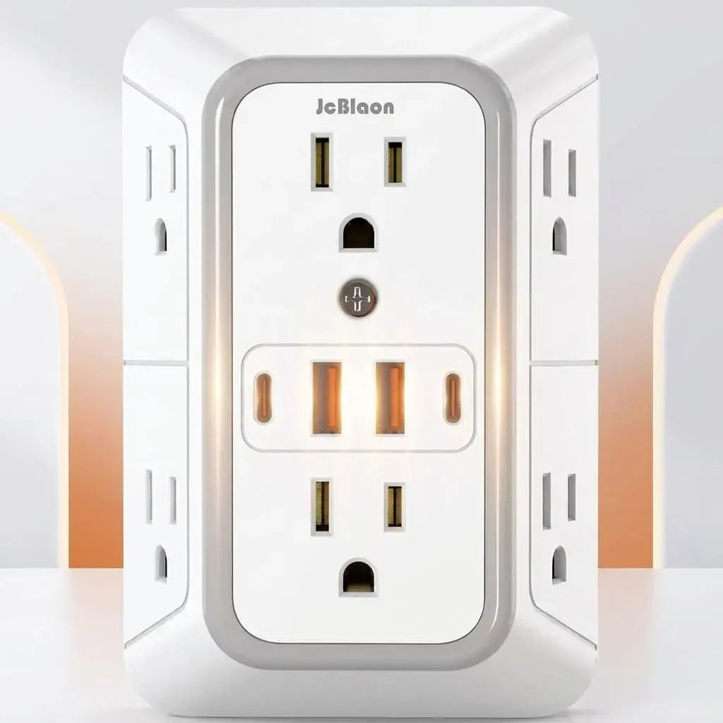 Extensor de corriente con 6 tomas, 4 puertos USB, capacidad de 15 A y protección contra sobretensión de 1050 julios. Ideal para hogar y oficina.