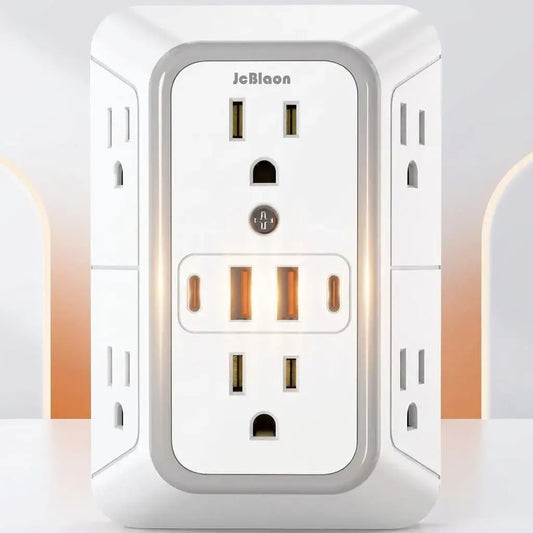 Extensor de corriente con 6 tomas, 4 puertos USB, capacidad de 15 A y protección contra sobretensión de 1050 julios. Ideal para hogar y oficina.