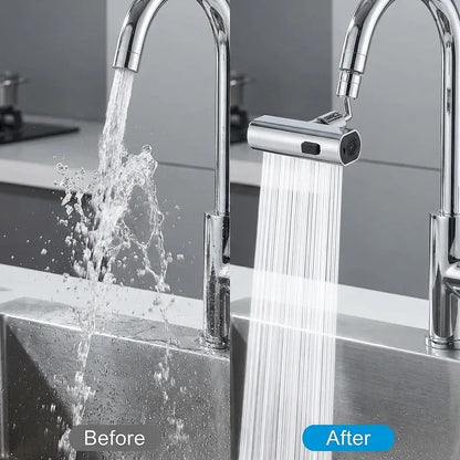 Extensor de grifo que optimiza el flujo y ayuda a ahorrar hasta un 50% de agua sin perder presión, ideal para cocina y baño.