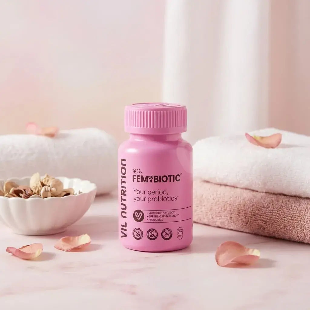 Cápsulas probióticas veganas con ingredientes naturales que apoyan el equilibrio del ciclo menstrual y la salud íntima femenina.