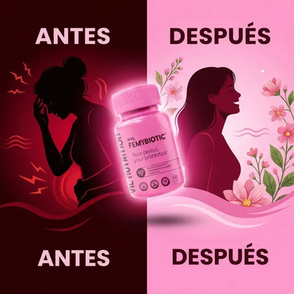 Cápsulas probióticas veganas con ingredientes naturales que apoyan el equilibrio del ciclo menstrual y la salud íntima femenina.
