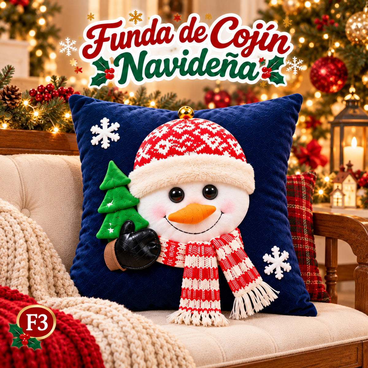 Funda de cojín navideña 3D con Papá Noel, muñecos de nieve y ositos. Apliques, bordados y texturas en relieve. Decora tu sala en segundos. 5 diseños. No incluye relleno.