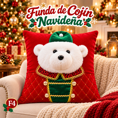 Funda de cojín navideña 3D con Papá Noel, muñecos de nieve y ositos. Apliques, bordados y texturas en relieve. Decora tu sala en segundos. 5 diseños. No incluye relleno.