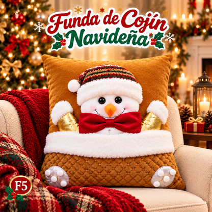 Funda de cojín navideña 3D con Papá Noel, muñecos de nieve y ositos. Apliques, bordados y texturas en relieve. Decora tu sala en segundos. 5 diseños. No incluye relleno.