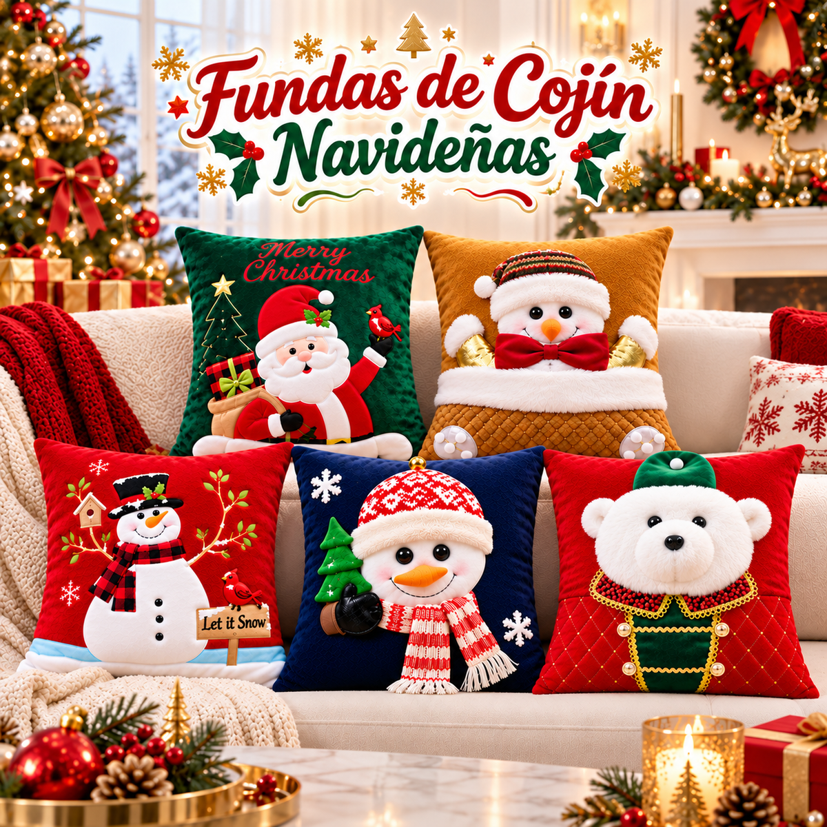 Funda de cojín navideña 3D con Papá Noel, muñecos de nieve y ositos. Apliques, bordados y texturas en relieve. Decora tu sala en segundos. 5 diseños. No incluye relleno.