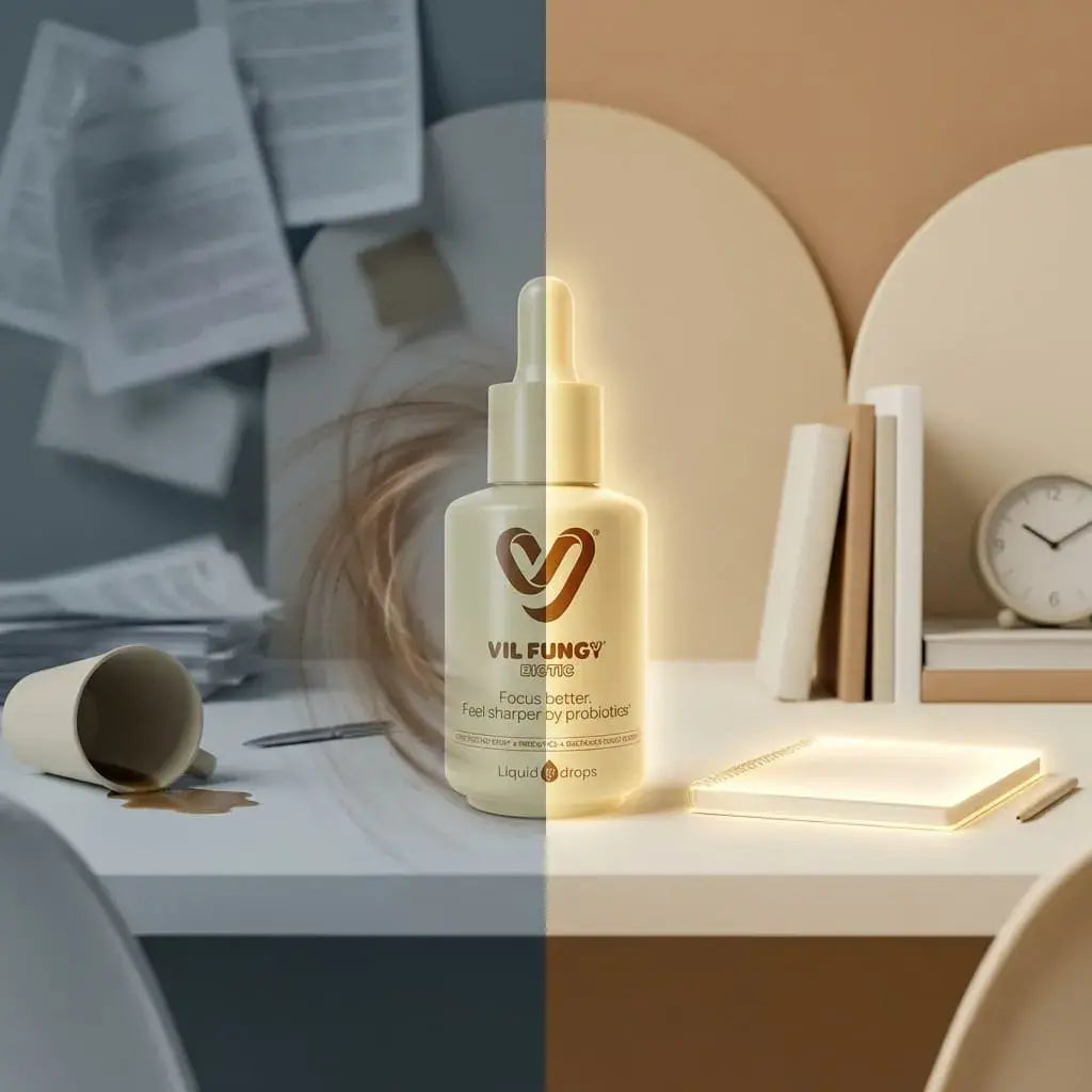 Suplemento líquido con probióticos, hongos funcionales y vitaminas B que apoya la concentración y el bienestar cognitivo diario.