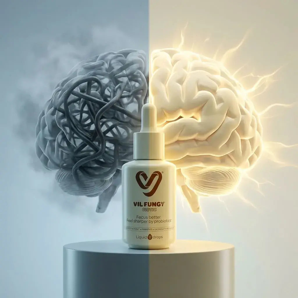 Suplemento líquido con probióticos, hongos funcionales y vitaminas B que apoya la concentración y el bienestar cognitivo diario.