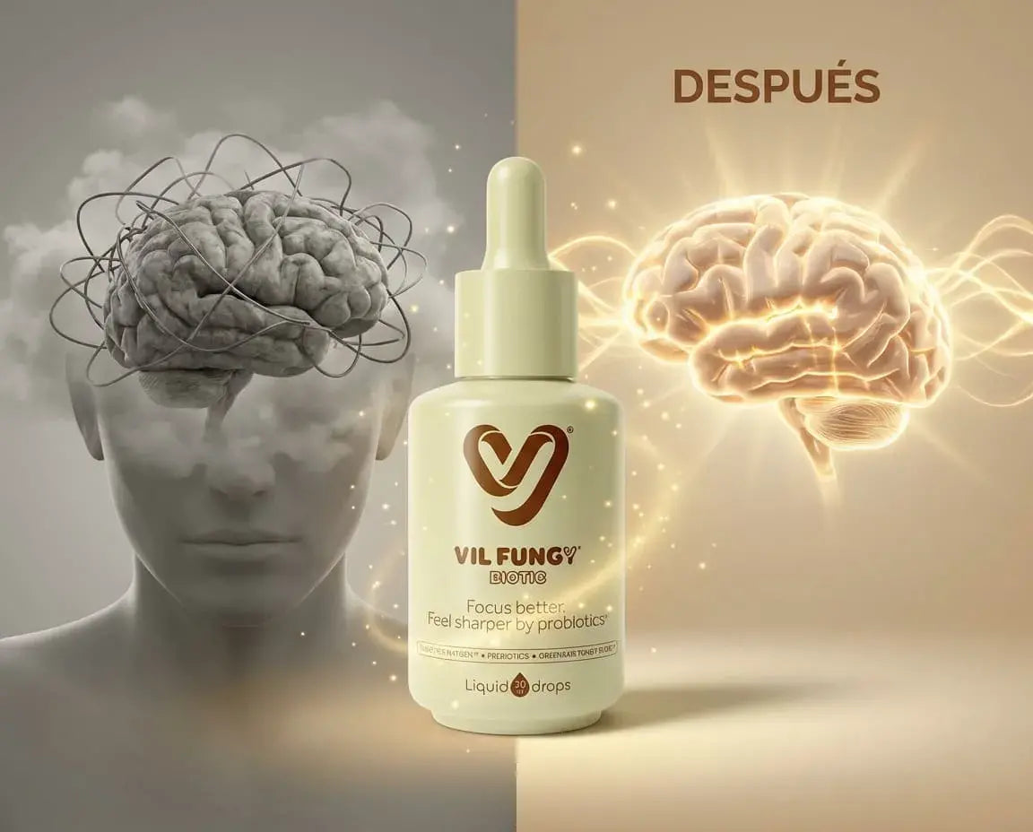 Suplemento líquido con probióticos, hongos funcionales y vitaminas B que apoya la concentración y el bienestar cognitivo diario.
