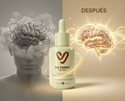 Suplemento líquido con probióticos, hongos funcionales y vitaminas B que apoya la concentración y el bienestar cognitivo diario.
