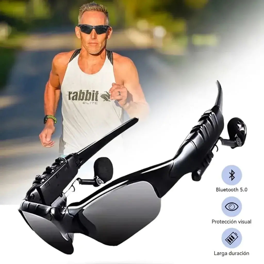 Gafas de sol deportivas con Bluetooth, manos libres para música y llamadas, diseño negro mate, lentes oscuros y controles integrados para ciclismo, running y conducción.