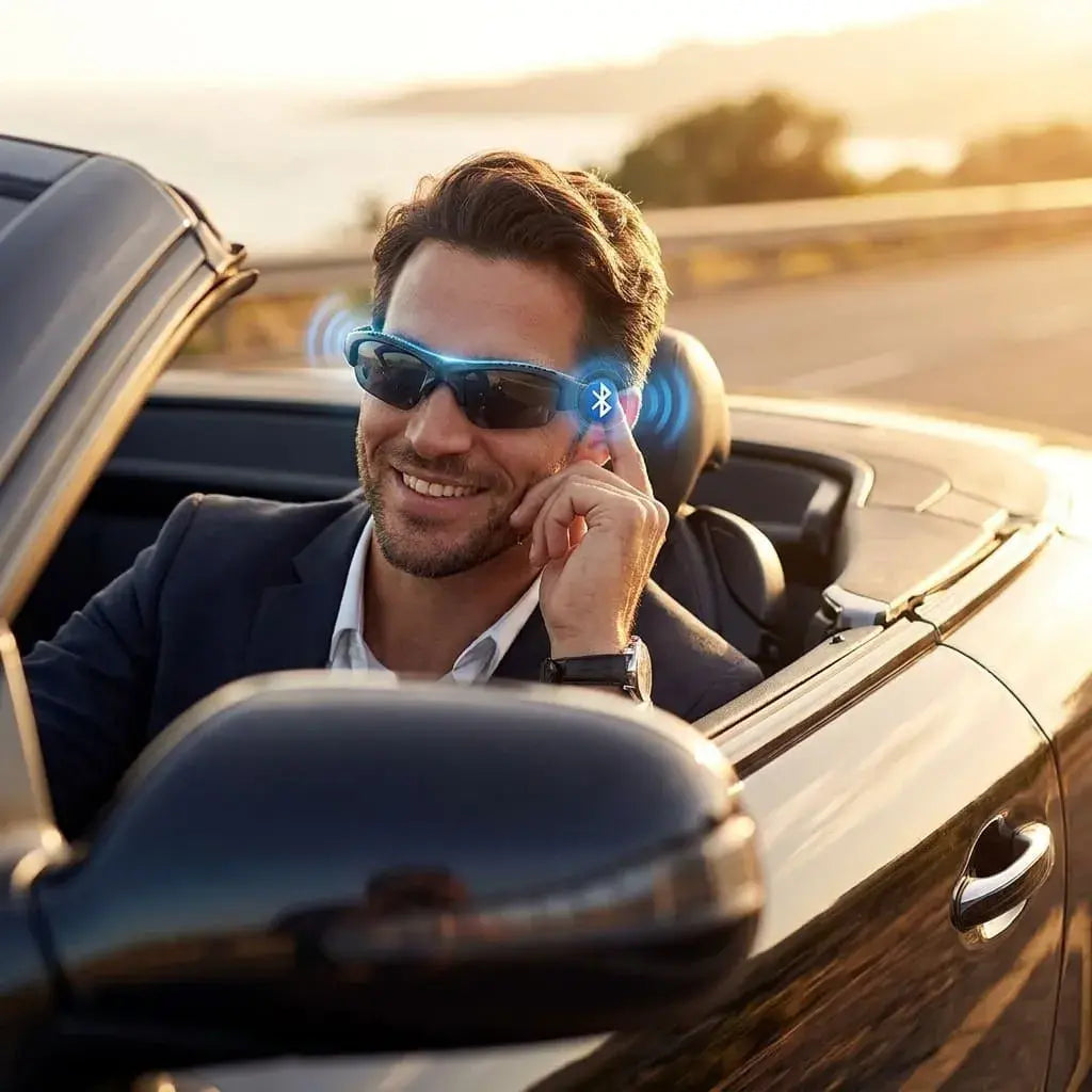 Gafas de sol Bluetooth con audio, micrófono y control de llamadas. Compatibles con Android y iPhone, ideales para actividades al aire libre.