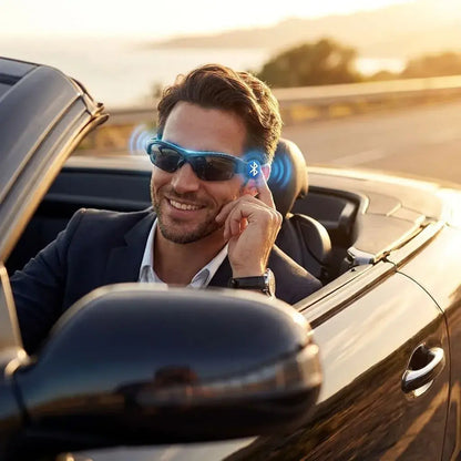 Gafas de sol Bluetooth con audio, micrófono y control de llamadas. Compatibles con Android y iPhone, ideales para actividades al aire libre.