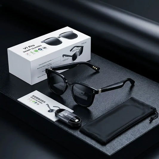 Gafas de sol inteligentes unisex con auriculares TWS, control táctil, lente UV, armazón rectangular plástico y diseño clásico en color negro.