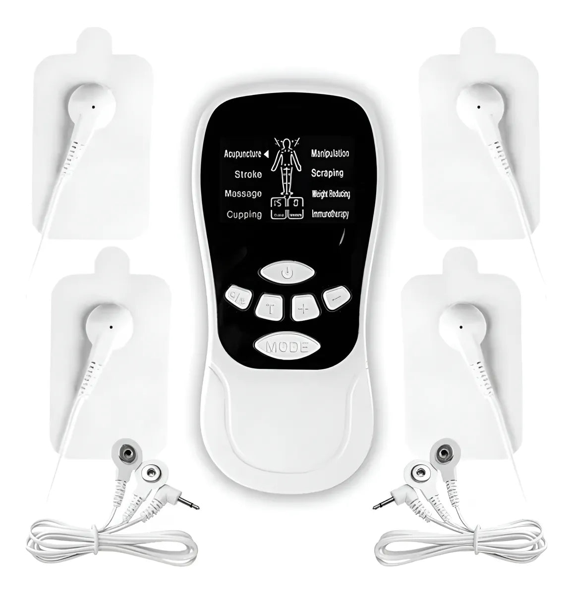 Gimnasia pasiva recargable con 8 electrodos, micropulsos eléctricos, masaje corporal localizado, apagado automático de 15 minutos, diseño portátil y carga USB-C.