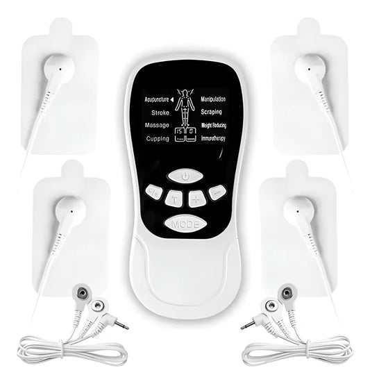 Gimnasia pasiva recargable con 8 electrodos, micropulsos eléctricos, masaje corporal localizado, apagado automático de 15 minutos, diseño portátil y carga USB-C.