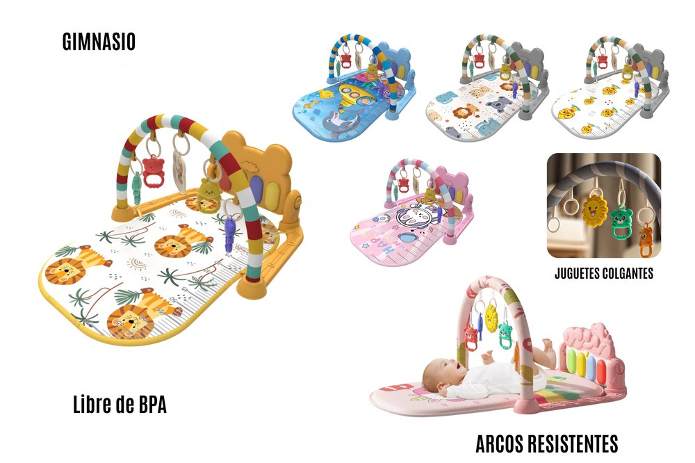 Gimnasio musical para bebé con piano de pedal y juguetes colgantes desmontables. Estimula el desarrollo motor, sensorial y la coordinación desde la primera infancia.