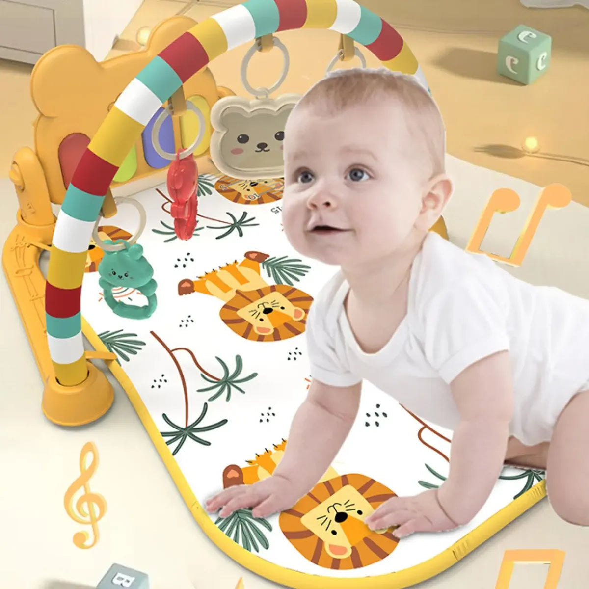 Gimnasio musical para bebé con piano de pedal y juguetes colgantes desmontables. Estimula el desarrollo motor, sensorial y la coordinación desde la primera infancia.