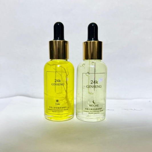 Tratamiento facial antiedad con ginseng 24K que ayuda a mejorar la apariencia de arrugas y aporta luminosidad a la piel.