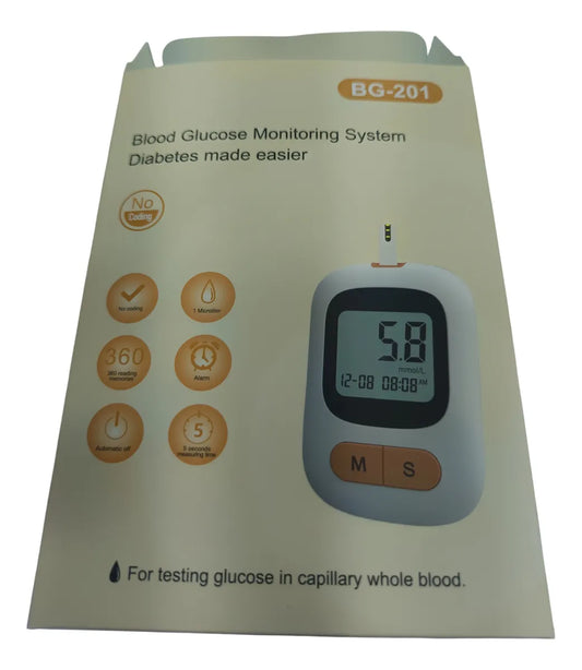 Glucómetro BG-201 con medición en 5 segundos, memoria 360 registros y kit completo para uso en casa.
