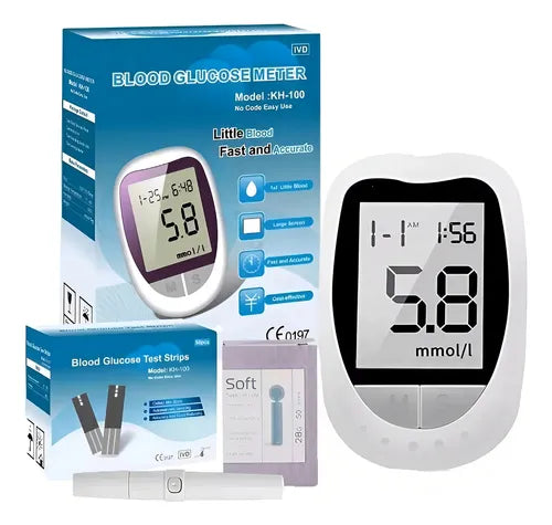 Glucómetro digital con 50 tiras y lancetas, medición rápida en 7 segundos con pantalla LCD portátil.