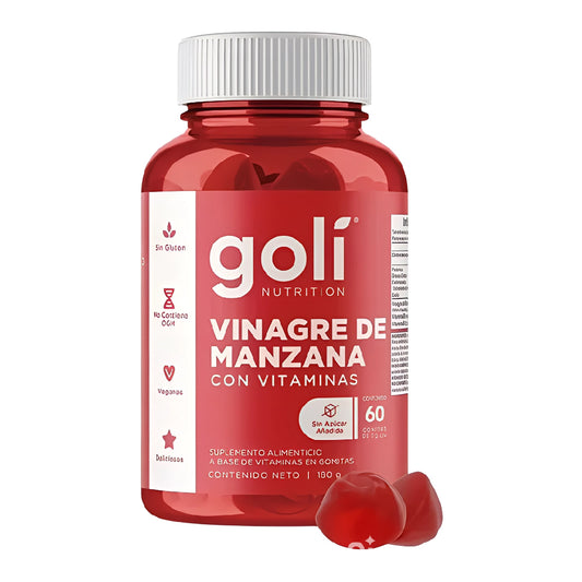 Gomitas Goli con vinagre de manzana y vitaminas B12 y B9, suplemento alimenticio vegano fácil de consumir.