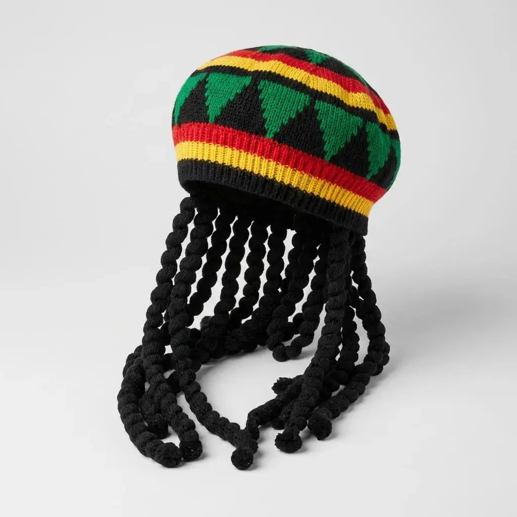 Gorro rasta con trenzas sintéticas de 45 cm y peso de 100 g. Ideal para disfraces, fiestas temáticas y eventos recreativos.