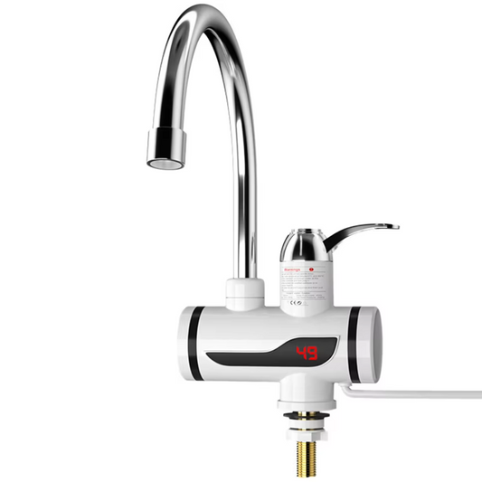Grifo eléctrico 360° con calentamiento instantáneo, pantalla LCD y temperatura ajustable en acero inoxidable.