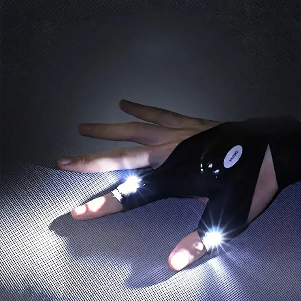Guante con linterna LED manos libres ideal para pesca, camping y trabajos nocturnos. Ajustable, cómodo y resistente a salpicaduras.