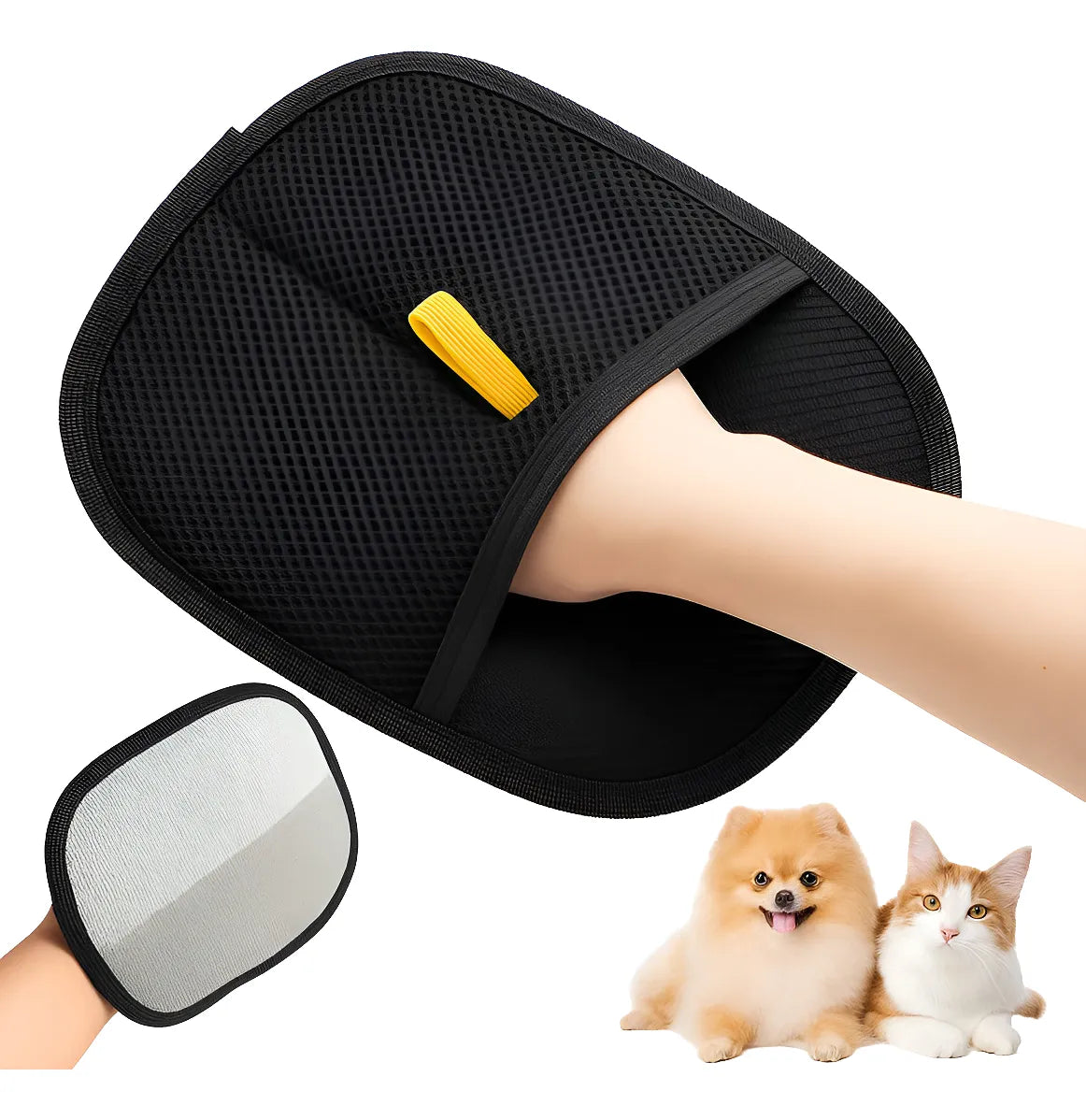 Guante cepillo removedor de pelo para mascotas, reutilizable y fácil de limpiar. Ideal para retirar pelo muerto, motas y suciedad de perros y gatos en el aseo diario.