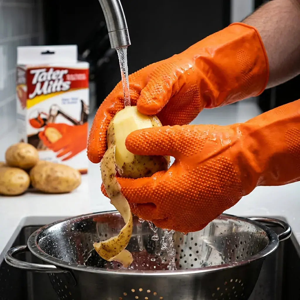Guantes de cocina reutilizables con superficie abrasiva para pelar papas y verduras fácilmente. Protegen las manos y agilizan la preparación de alimentos.