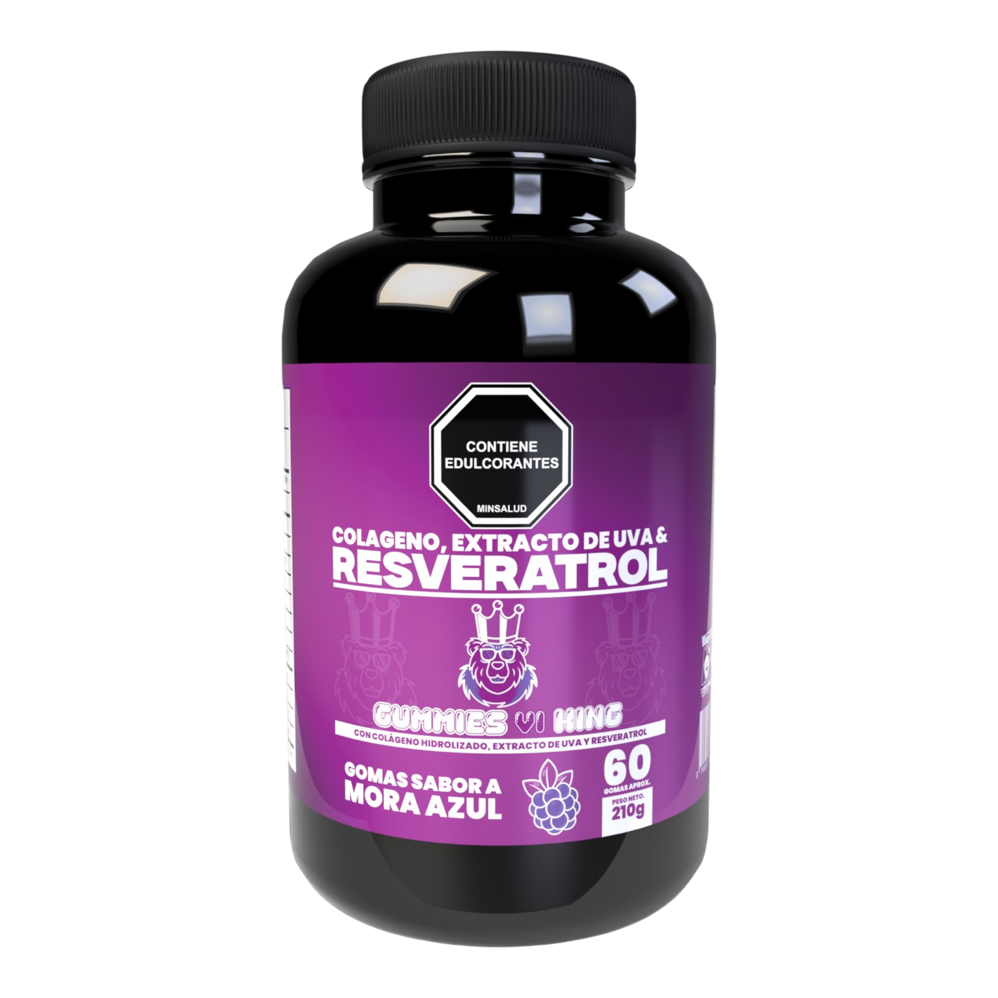 Gummies Vi King Resveratrol sabor mora azul con 60 gomitas, colágeno hidrolizado, extracto de uva y registro INVIMA RSA-0014629-2021 para bienestar general y cuidado nutricional diario.