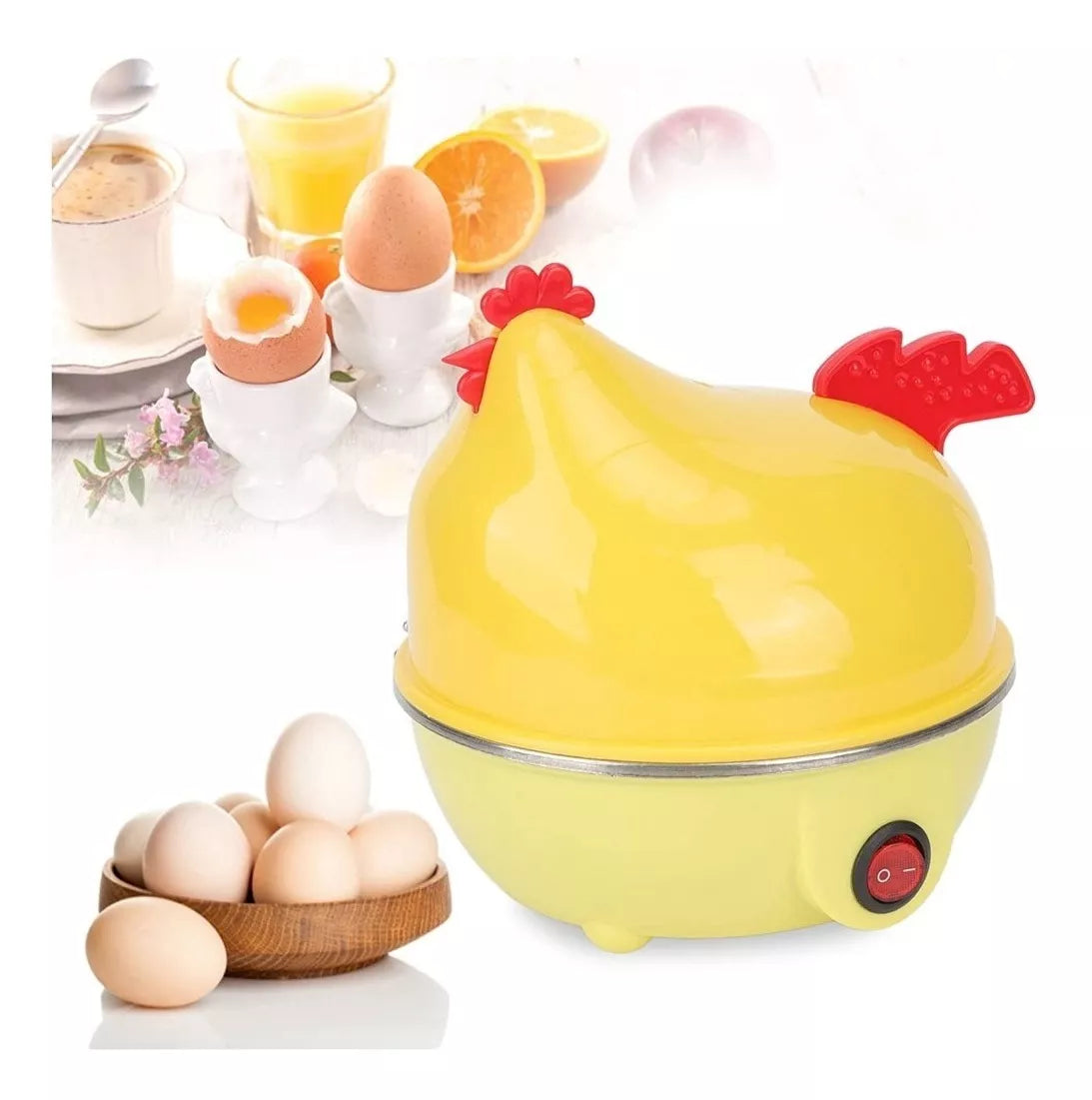 Hervidor eléctrico de huevos con capacidad para 7 unidades, apagado automático, bandeja en acero inoxidable, cocción uniforme, diseño decorativo y piezas desmontables.