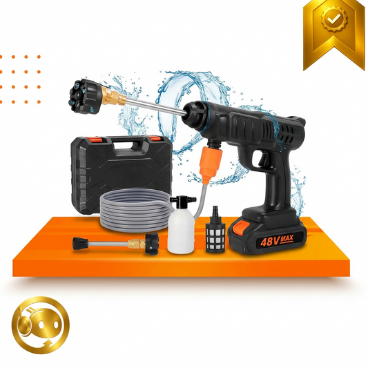 Hidrolavadora portátil inalámbrica 48W con 2 baterías recargables, 5 boquillas, espumador, manguera de succión y maletín para limpiar auto, moto, bicicleta, patio y hogar.