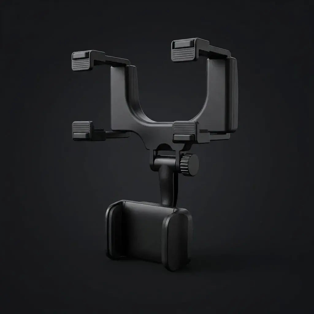 Holder para celular que se fija al espejo retrovisor del carro. Ajuste universal, instalación fácil y diseño resistente tipo fibra de carbono.
